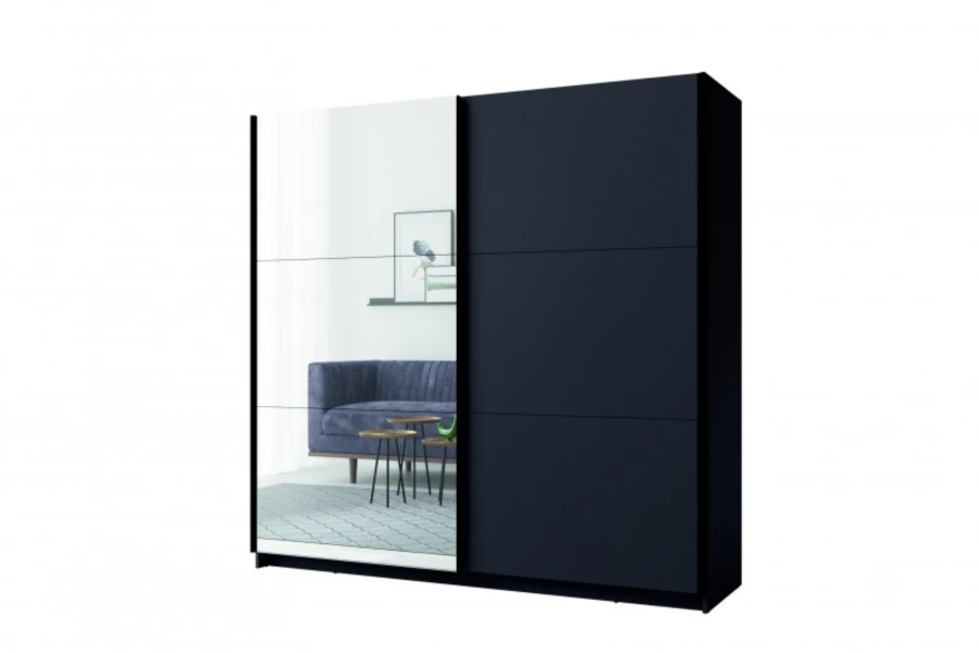 Schwarzer Kleiderschrank mit Schwebetüren und Spiegel, Seitenansicht.