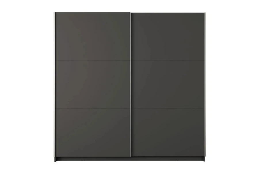 Großer anthrazitfarbener Kleiderschrank mit zwei Schiebetüren in minimalistischem Stil.