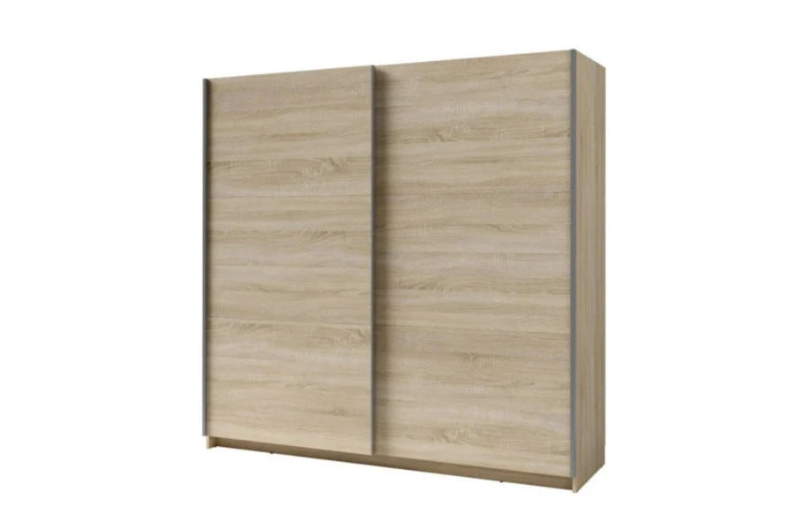 Moderner Schwebetürenschrank in heller Eiche-Optik, zweitürig.