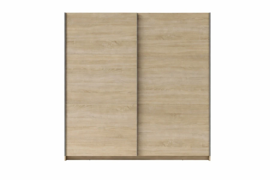 Zweitüriger Schwebetürenschrank in Eiche-Nachbildung, Frontalansicht.
