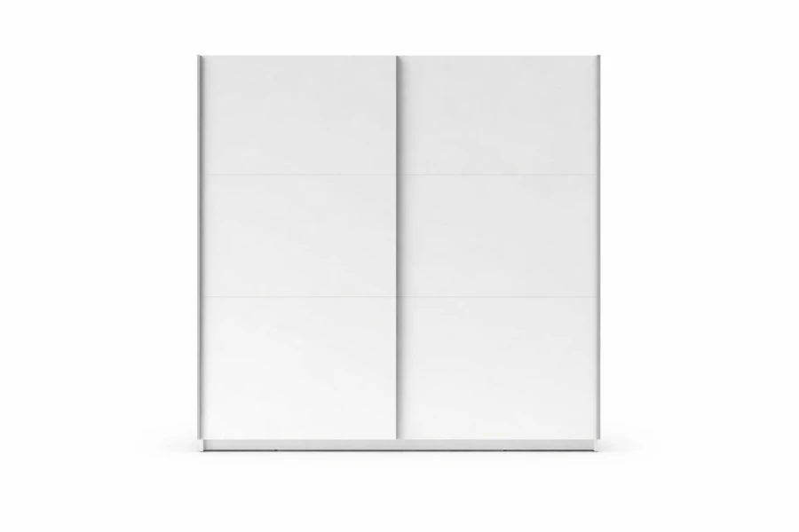 Weißer Schwebetürenschrank mit zwei Türen, schlichtes Schlafzimmermöbel.