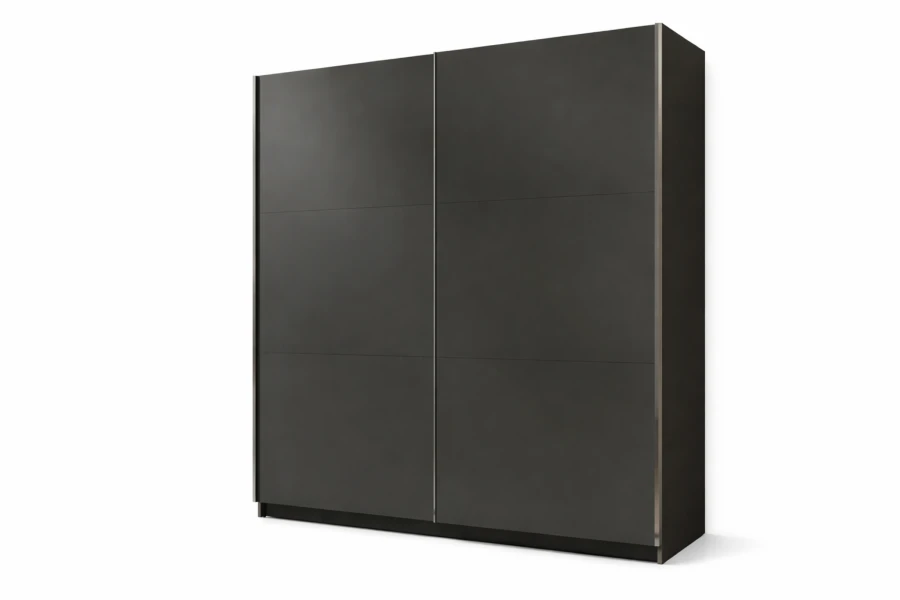 Moderner Schwebetürenschrank in Anthrazit auf weißem Hintergrund.