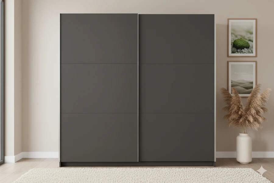 Moderner Schwebetürenschrank in Anthrazit für ein stilvolles Schlafzimmer.