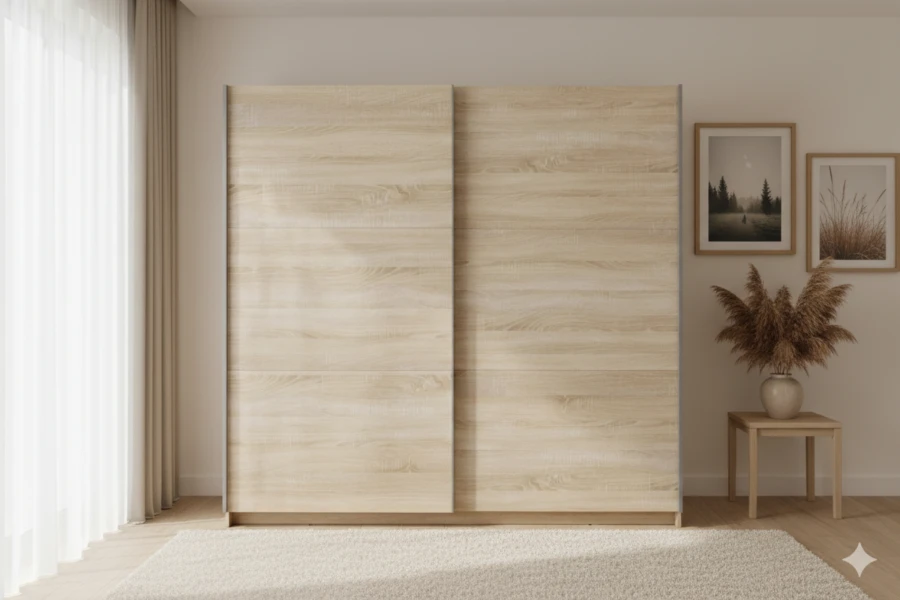 Heller Kleiderschrank in natürlicher Holzoptik mit praktischen Schwebetüren.