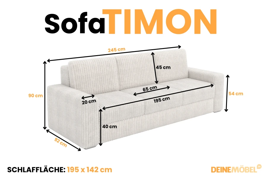 Sofa TIMON Maße: Beige Couch mit Angabe der Schlaffläche und Abmessungen.