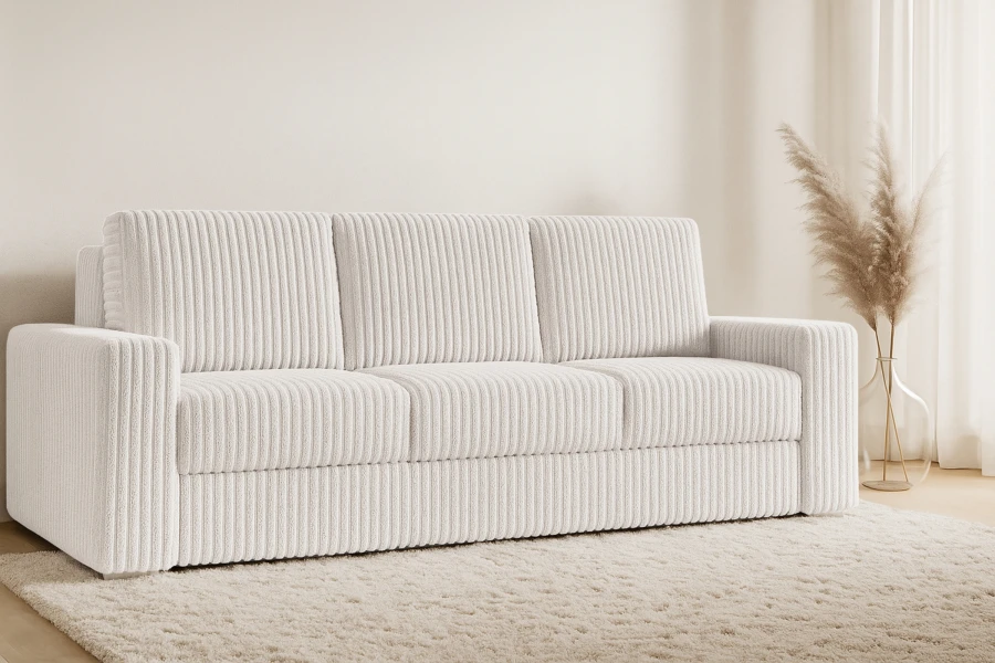 Gemütliches Cord-Sofa Timon im Wohnzimmer mit Teppich und Dekoration.