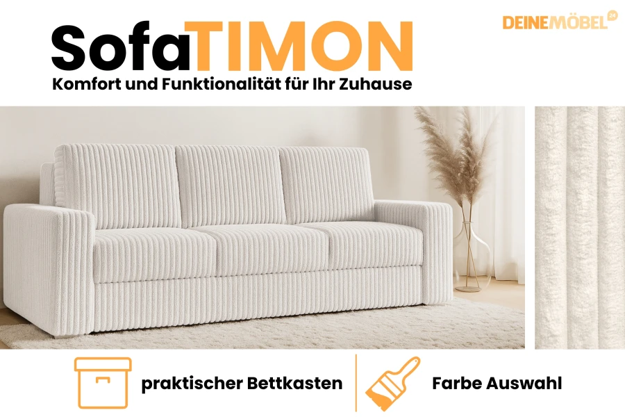 Sofa TIMON in Beige aus Cord-Stoff mit praktischem Bettkasten für modernen Wohnkomfort.