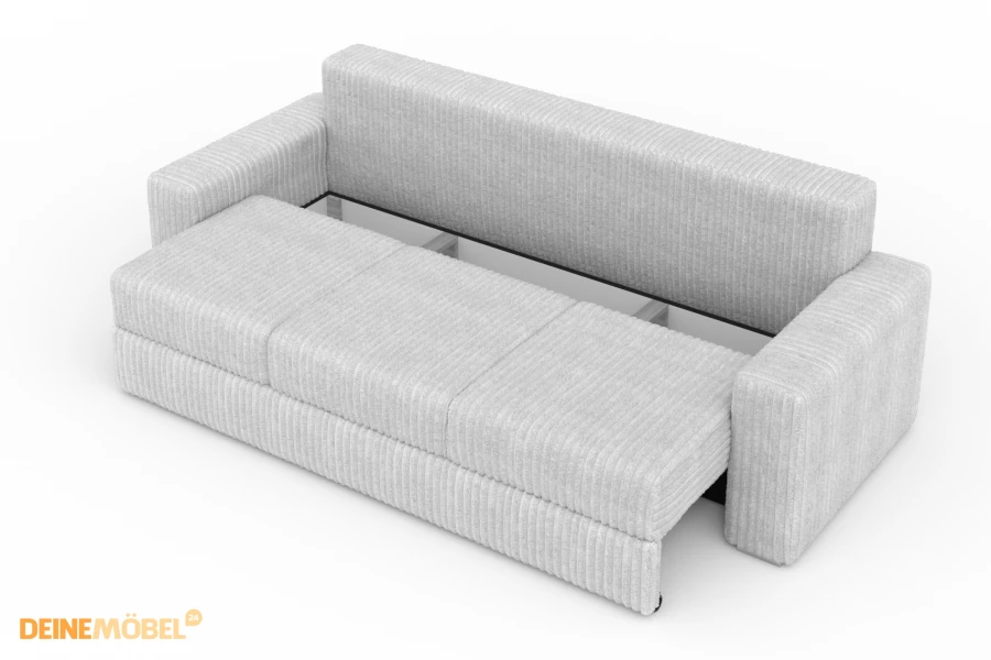 Funktionelles Cord-Sofa TIMON mit Stauraum und ausziehbarer Sitzfläche in Weiß.