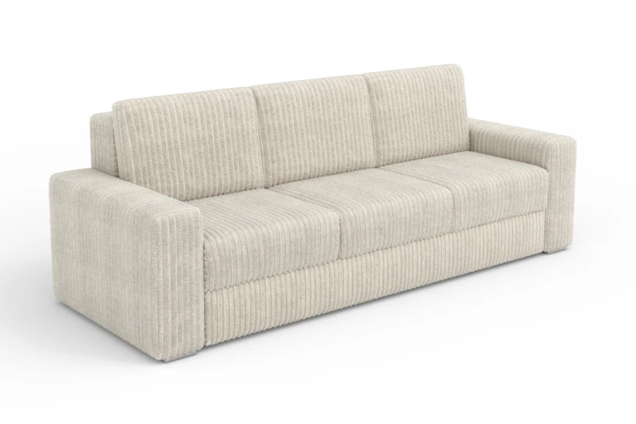 Modernes 3-Sitzer Sofa in beigem Cordstoff, perspektivische Ansicht vor weißem Hintergrund.