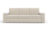 Elegantes beige Cord-Sofa in der Frontansicht, dreisitziges Design mit breiten Armlehnen.
