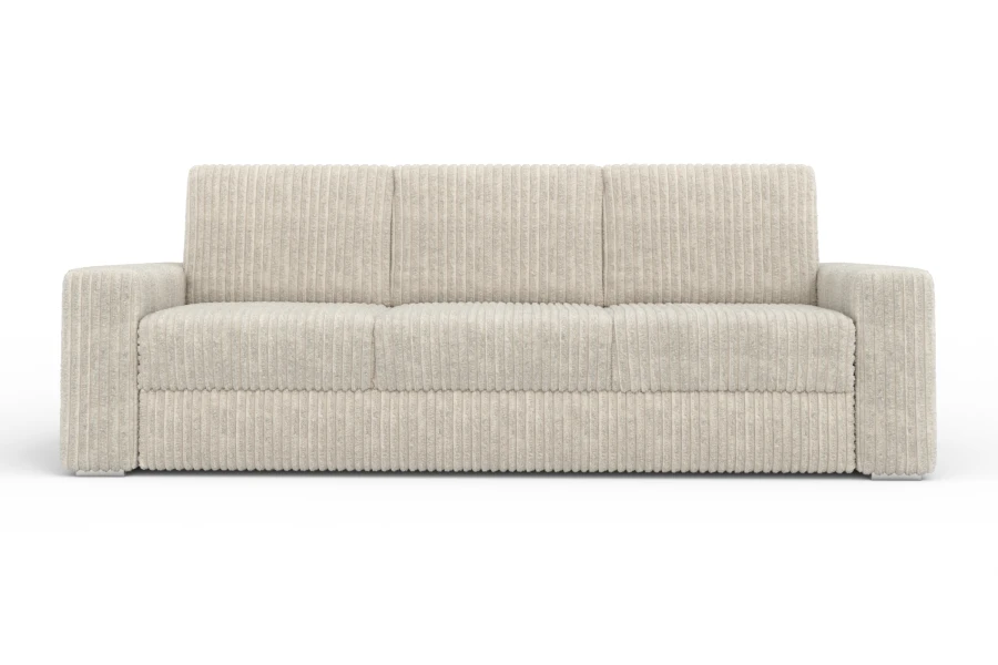 Elegantes beige Cord-Sofa in der Frontansicht, dreisitziges Design mit breiten Armlehnen.