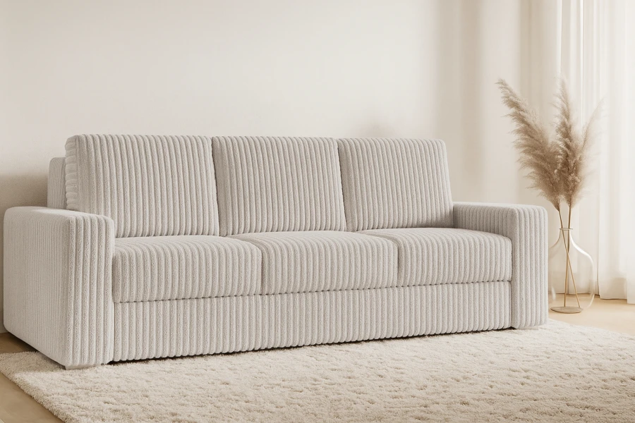 Beige ribstof bank in een modern ingerichte woonkamer met vloerkleed