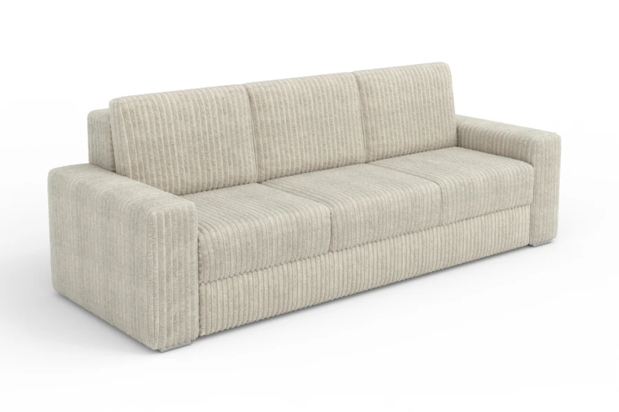 3-Sitzer Couch aus hellem Cordstoff in Seitenansicht, modernes Designmöbel für das Wohnzimmer.