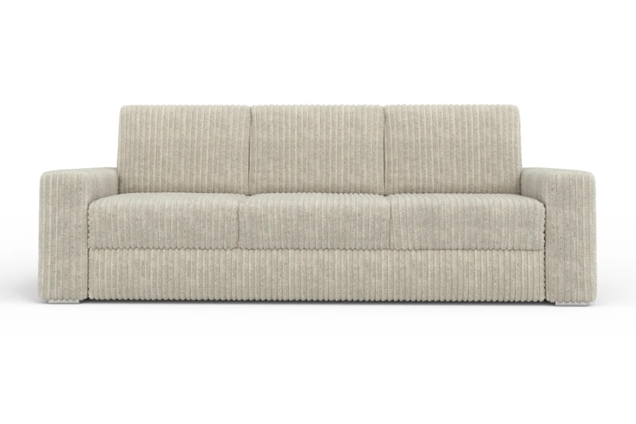 Beiges Dreisitzer-Sofa aus weichem Cordgewebe in frontaler Ansicht vor weißem Hintergrund.