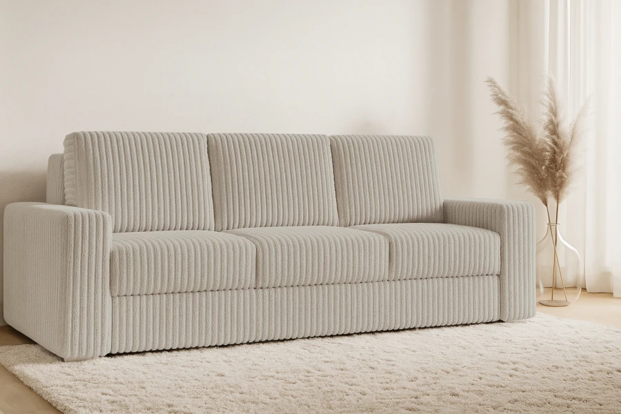 Modernes 3-Sitzer Cord-Sofa in Beige im gemütlichen Wohnzimmer