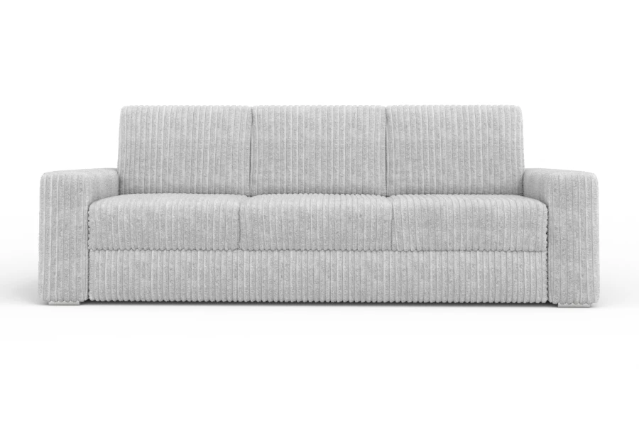Frontansicht eines weißen 3-Sitzer Cord-Sofas in schlichtem Design