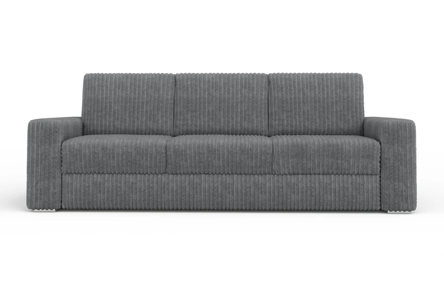 Graues 3-Sitzer Cordsofa in Frontalansicht auf weißem Hintergrund