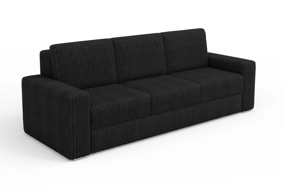 Schwarzes 3-Sitzer Cordsofa in schräger Ansicht auf weißem Grund