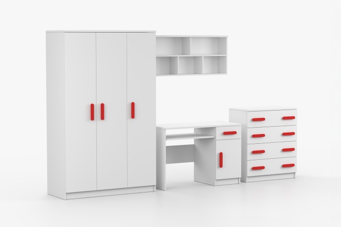 Weißes Kinderzimmer-Möbelset mit auffälligen roten Griffen bestehend aus Schrank und Tisch.