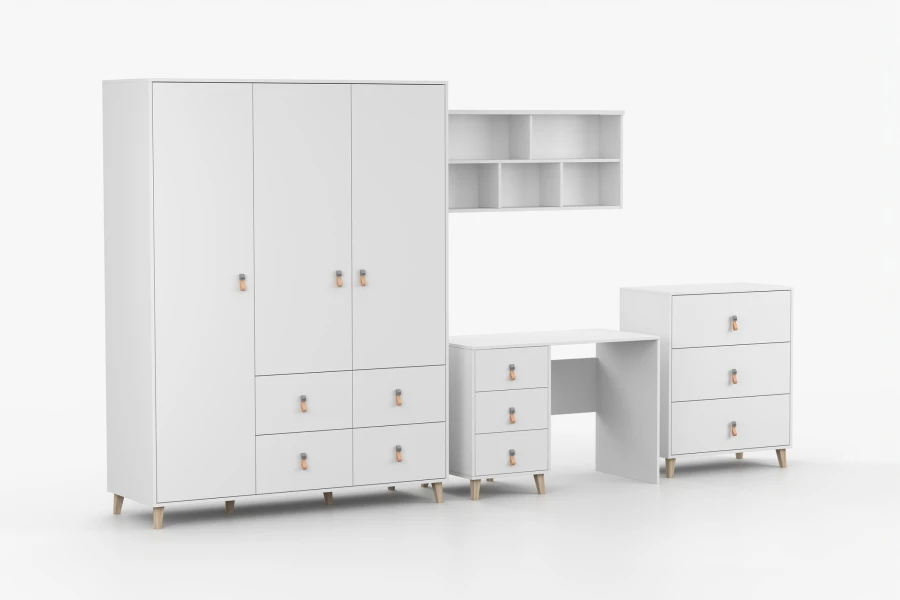 Skandinavisches Möbelset in Weiß mit Ledergriffen: Kleiderschrank, Schreibtisch und Kommode.