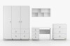 Weißes Kinderzimmer-Möbel-Set mit Kleiderschrank, Schreibtisch und Kommode vor weißem Hintergrund.