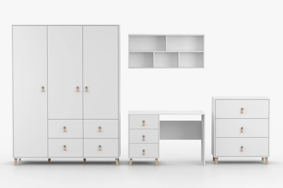 Weißes Kinderzimmer-Möbel-Set mit Kleiderschrank, Schreibtisch und Kommode vor weißem Hintergrund.