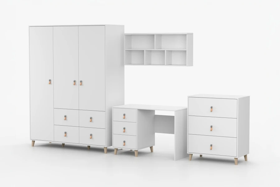 Perspektivische Ansicht eines weißen Möbel-Sets für Kinderzimmer mit Ledergriffen.