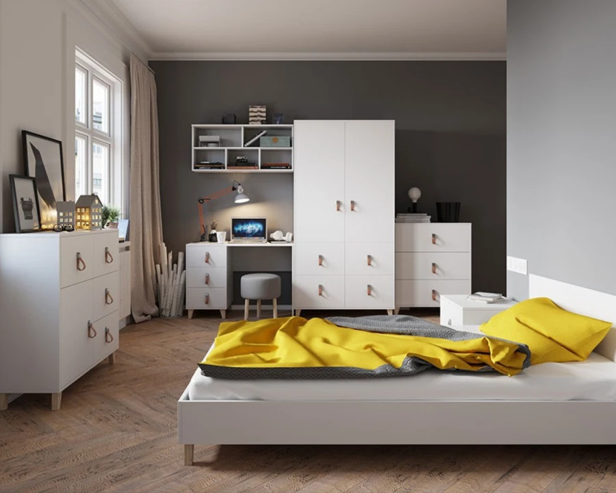 Kinderzimmer-Set in Weiß mit Bett, Schreibtisch und Kleiderschrank.