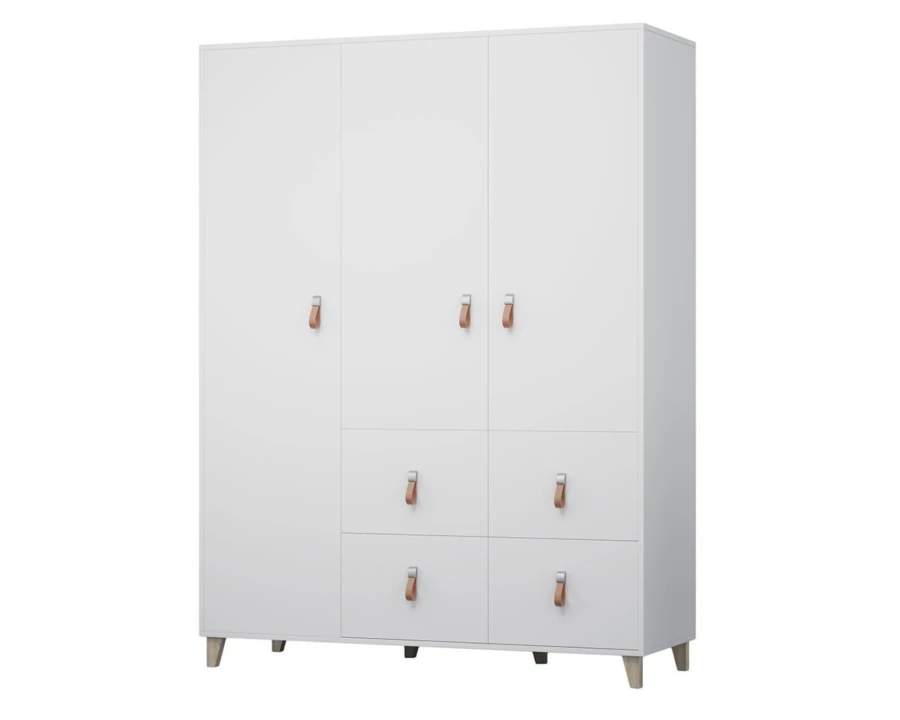 Großer weißer Kleiderschrank mit 3 Türen, 4 Schubladen und Ledergriffen.