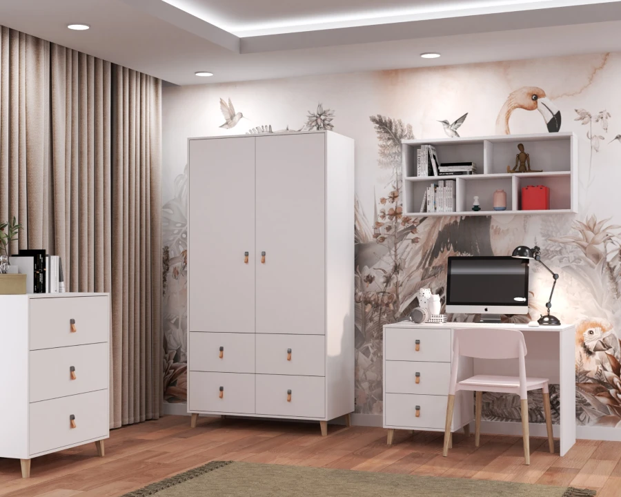 Komplettes Jugendzimmer-Set in Weiß mit Schrank, Schreibtisch und Kommode vor Flamingo-Tapete.