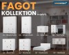 Produktübersicht der Fagot Möbelserie mit Maßen für Kleiderschränke, Kommoden, Bett und Schreibtisch.