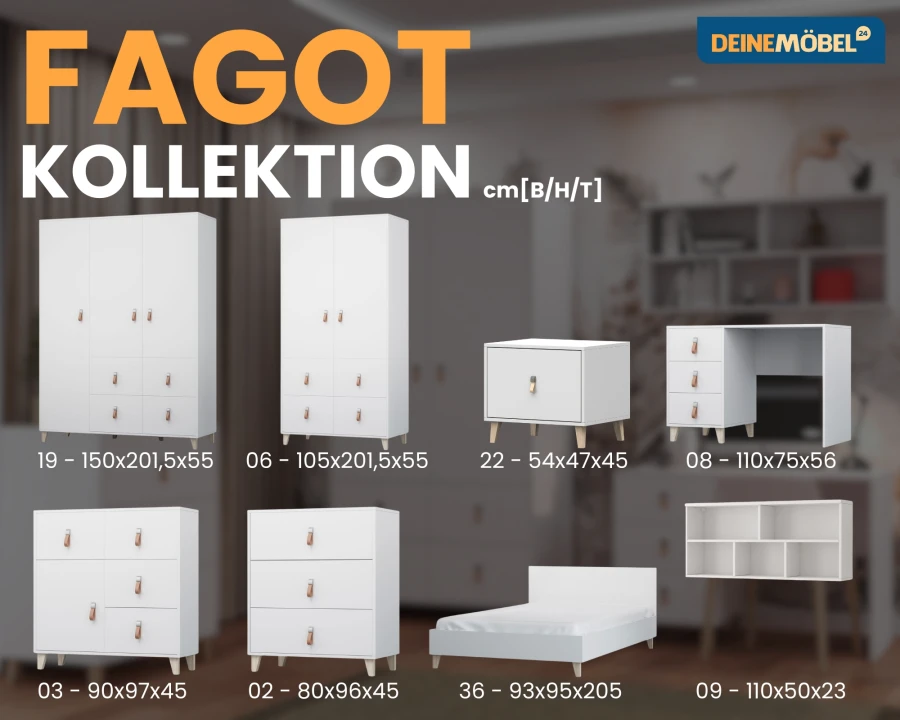 Produktübersicht der Fagot Möbelserie mit Maßen für Kleiderschränke, Kommoden, Bett und Schreibtisch.