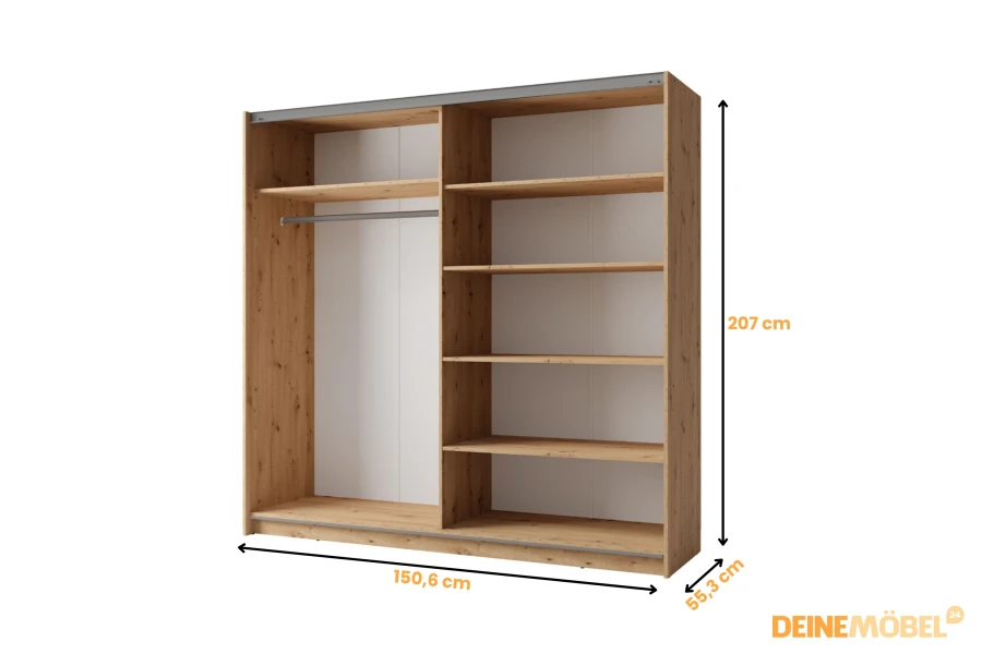 Innenansicht Kleiderschrank in Eiche-Optik, Maße 150,6x207x55,3 cm mit Kleiderstange und Fächern.