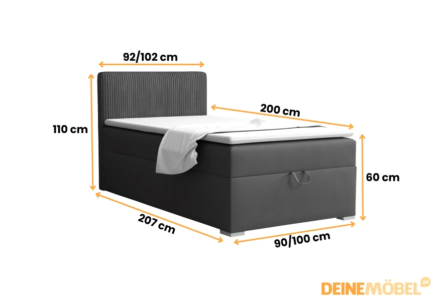 Grey box spring bed with dimensions for width, length and height.