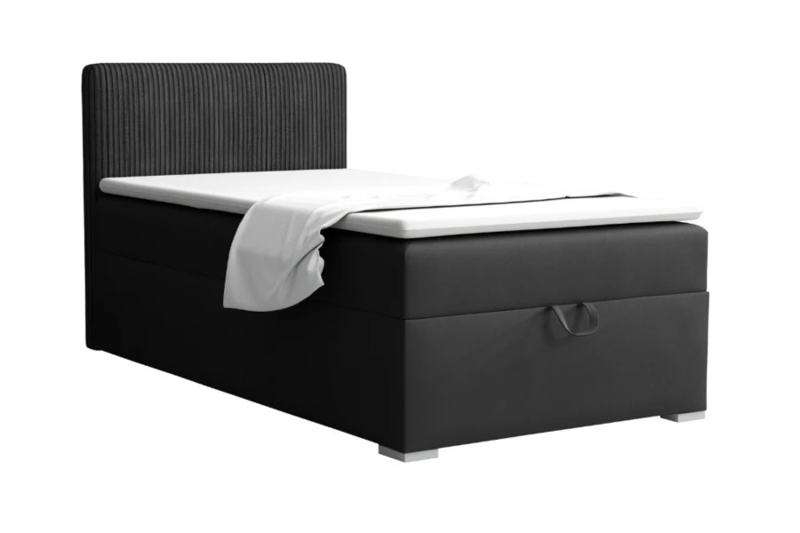 Zwart boxspringbed met geribbeld hoofdbord en beddenkast, moderne slaapkamermeubels.