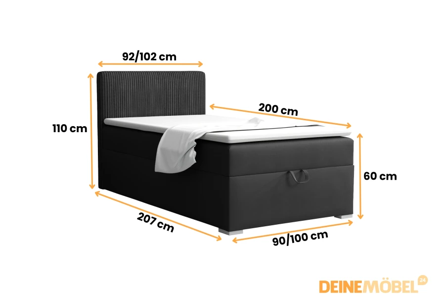 Graphic with the dimensions of the black divan bed: height 110 cm, length 207 cm, width selectable.