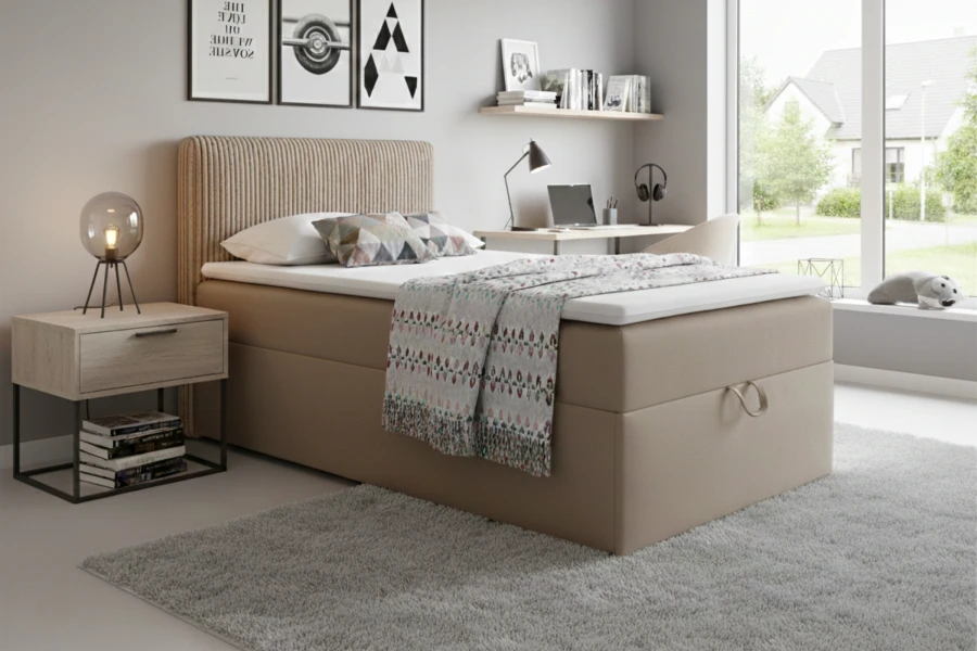 Modern beige boxspring bed with ribbed headboard in a bright bedroom.