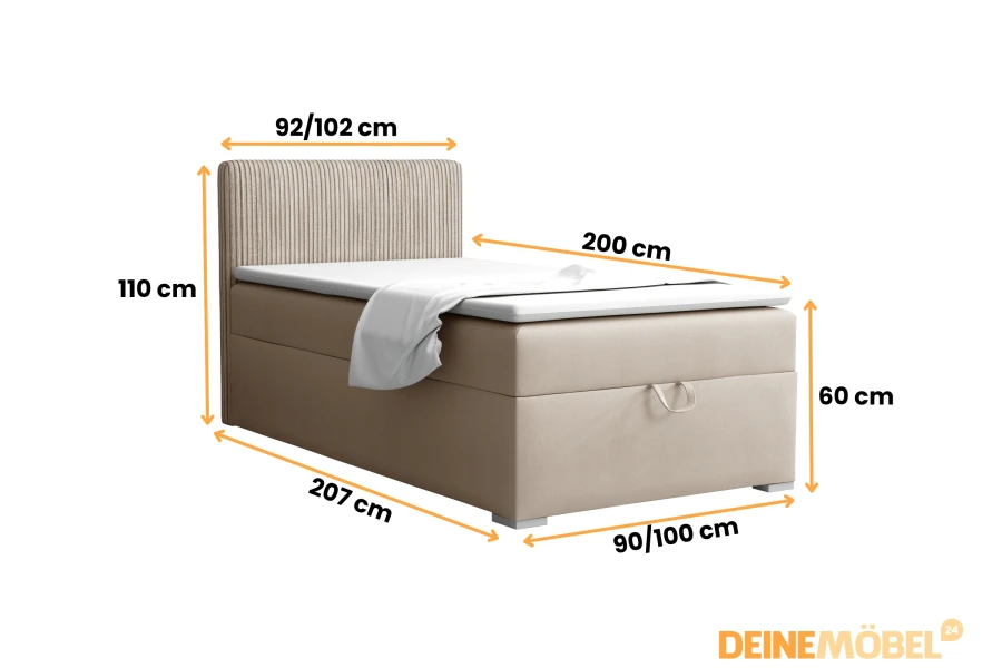 Graphic with measurements and dimensions for the boxspring bed.