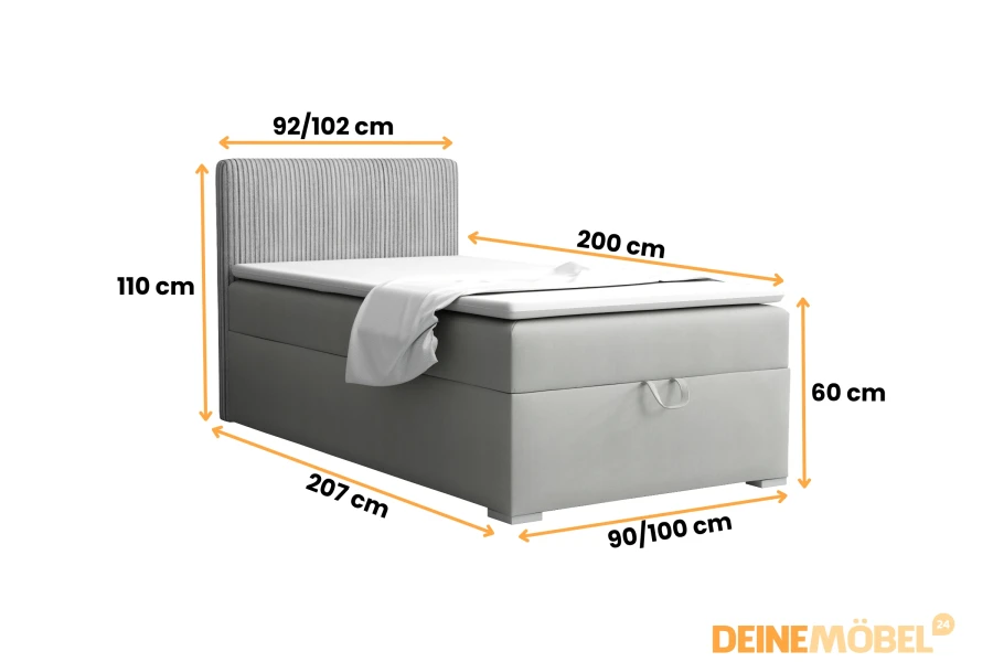 Dimensions of the boxspring bed: 110cm height, 207cm length and various widths from 90 to 100cm.