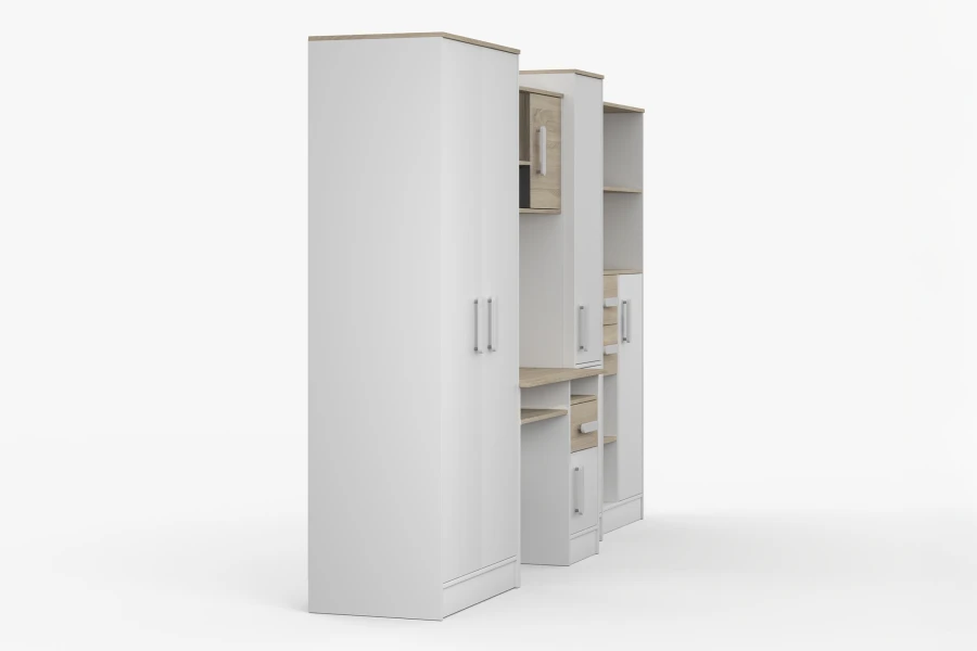 Moderne Jugendzimmer-Möbelkombination in Weiß und Eiche, Seitenansicht mit Kleiderschrank und Schreibtisch.