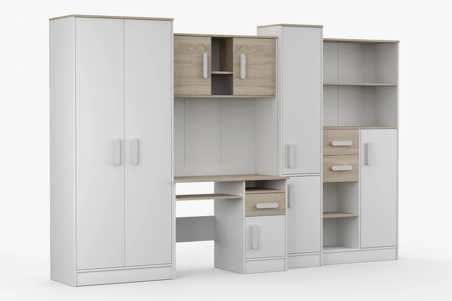 Funktionales Kinderzimmer-Set in Weiß-Eiche Optik mit Schreibtisch, Kleiderschrank und viel Stauraum.