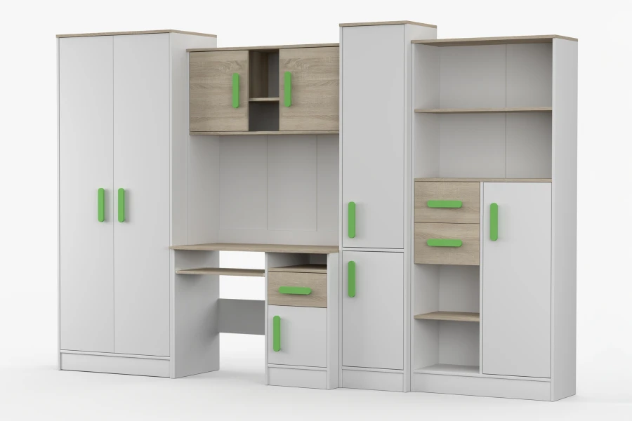 Modernes Jugendzimmer-Set in Weiß und Eiche mit farbigen grünen Griffen und praktischem Arbeitsplatz.