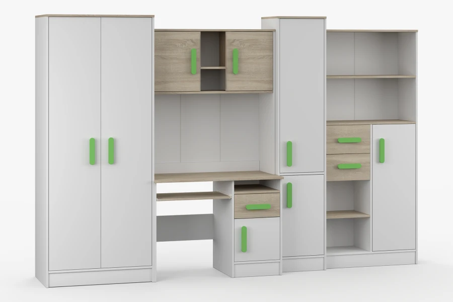 Modernes Jugendzimmer-Möbelset in Weiß und Eiche mit grünen Griffen, Schreibtisch und Kleiderschrank.