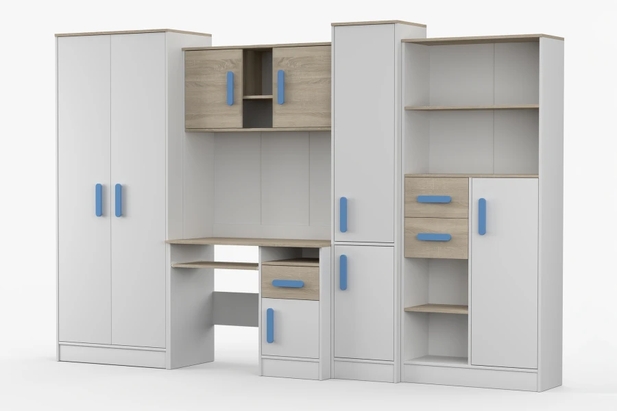 Jugendzimmer-Komplettset in Weiß-Eiche Optik mit blauen Griffen, inklusive Schreibtisch und Regalen.
