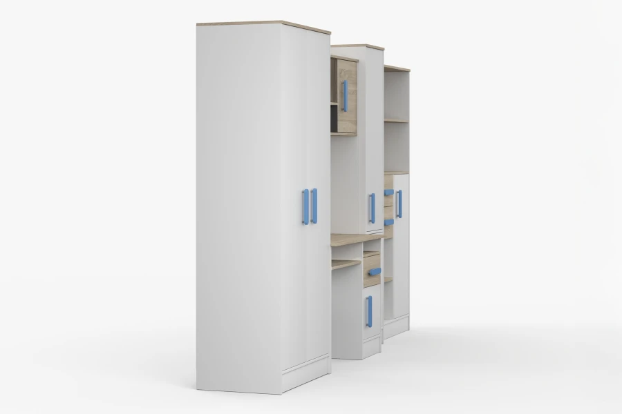 Seitenansicht der modernen Jugendzimmer-Möbelkombination mit blauen Griffen und funktionalem Design.
