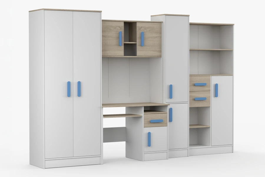 Komplettes Kinderzimmer-Set in Weiß und Eiche mit blauen Akzenten, Schreibtisch und Schrankelementen.