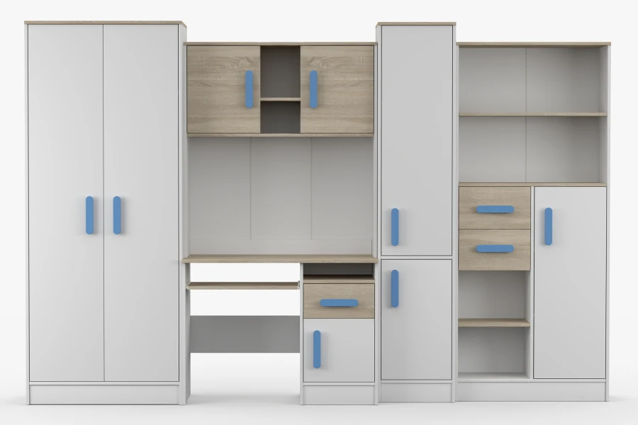Kinderzimmer-Möbelset in Weiß und Eiche mit markanten blauen Griffen, Kleiderschrank und Schreibtisch.