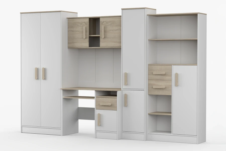 Jugendzimmer-Schrankwand in Weiß-Eiche mit Holzgriffen, bestehend aus Kleiderschrank und Schreibtisch.