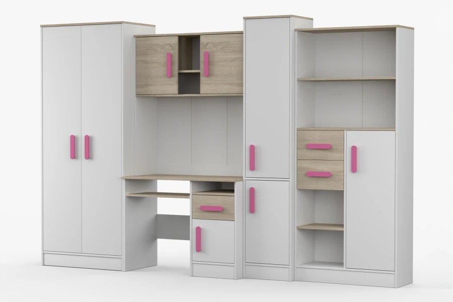 Kinderzimmer Möbelset in Weiß und Eiche mit pinken Griffen, Kleiderschrank und Schreibtisch