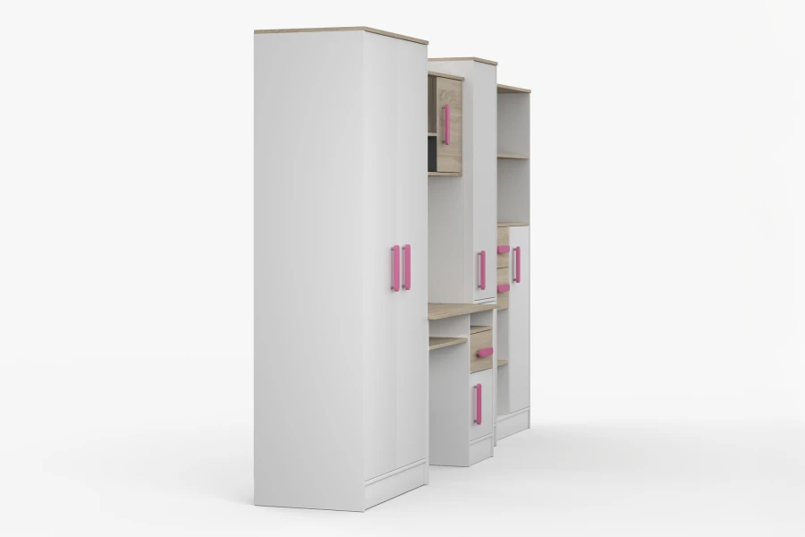 Seitenansicht eines modernen Jugendzimmer-Möbelsets in Weiß und Holzoptik mit pinken Akzenten